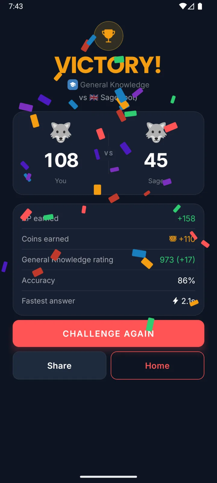 Quizion victory screen with confetti, a 108 to 45 final score, and earned XP and coins